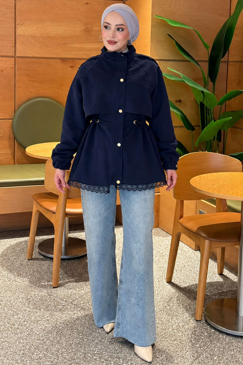 Zip-Up Trench Coat with Lace Detail - Navy