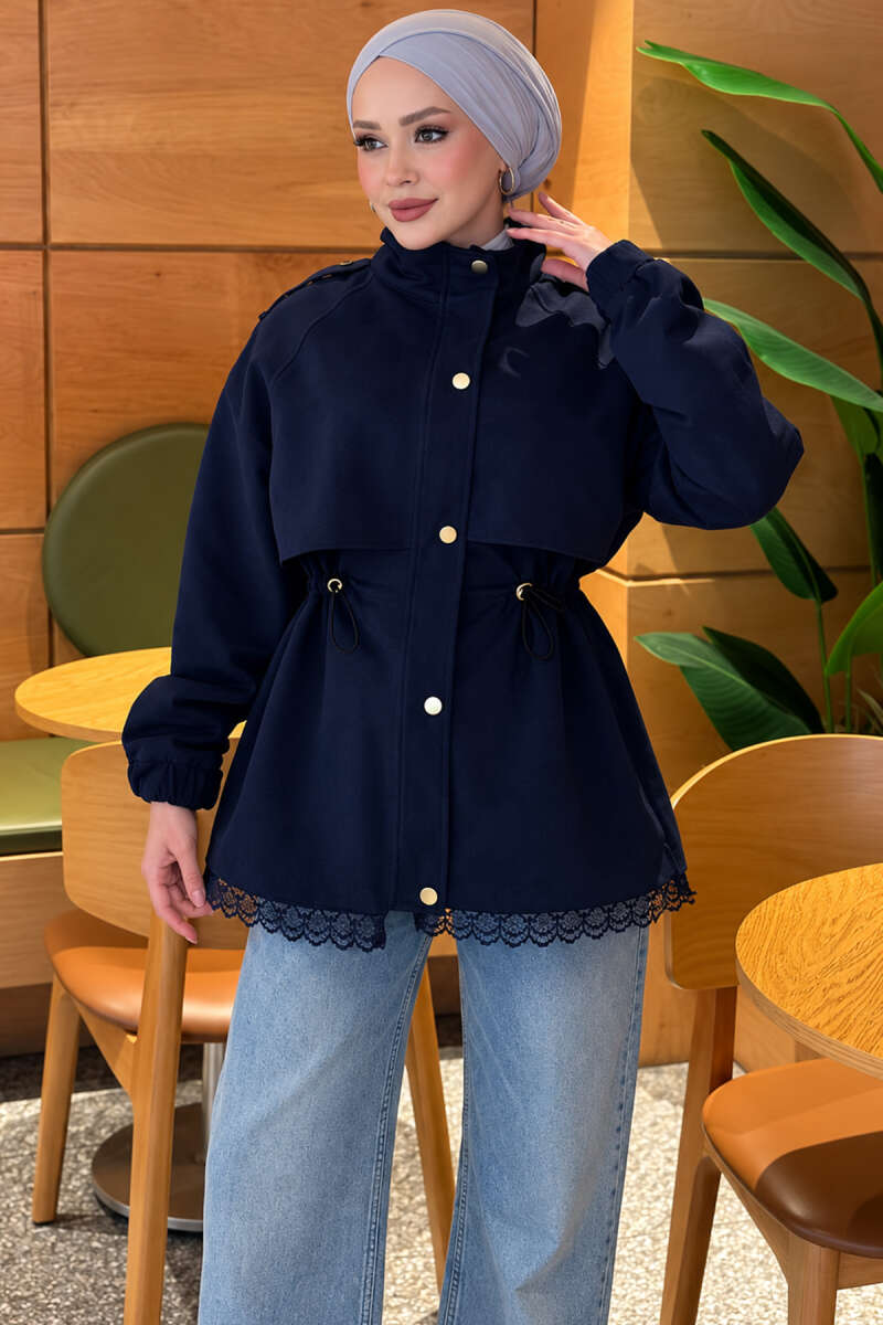 Zip-Up Trench Coat with Lace Detail - Navy