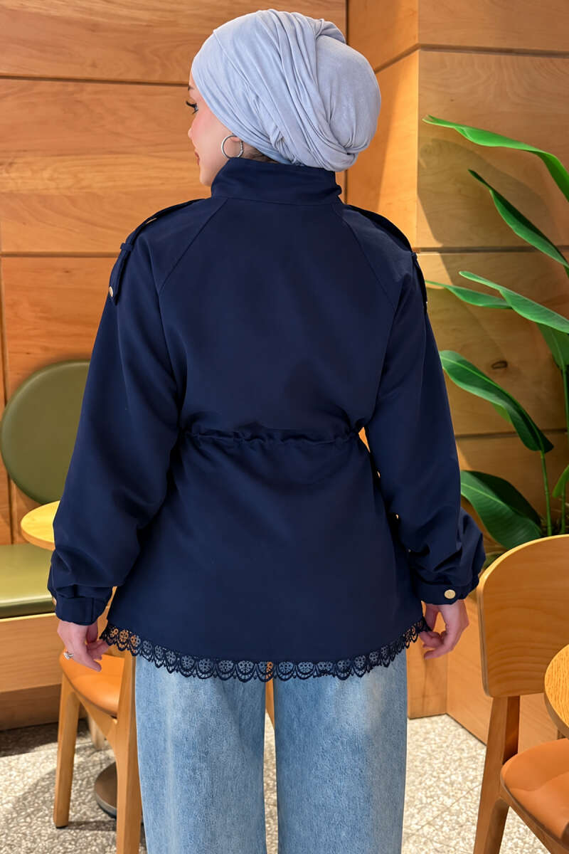 Zip-Up Trench Coat with Lace Detail - Navy