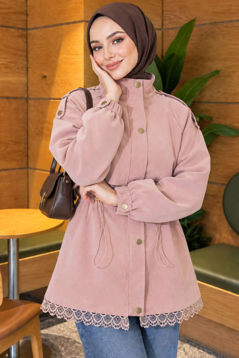 Zip-Up Trench Coat with Lace Detail - Powder
