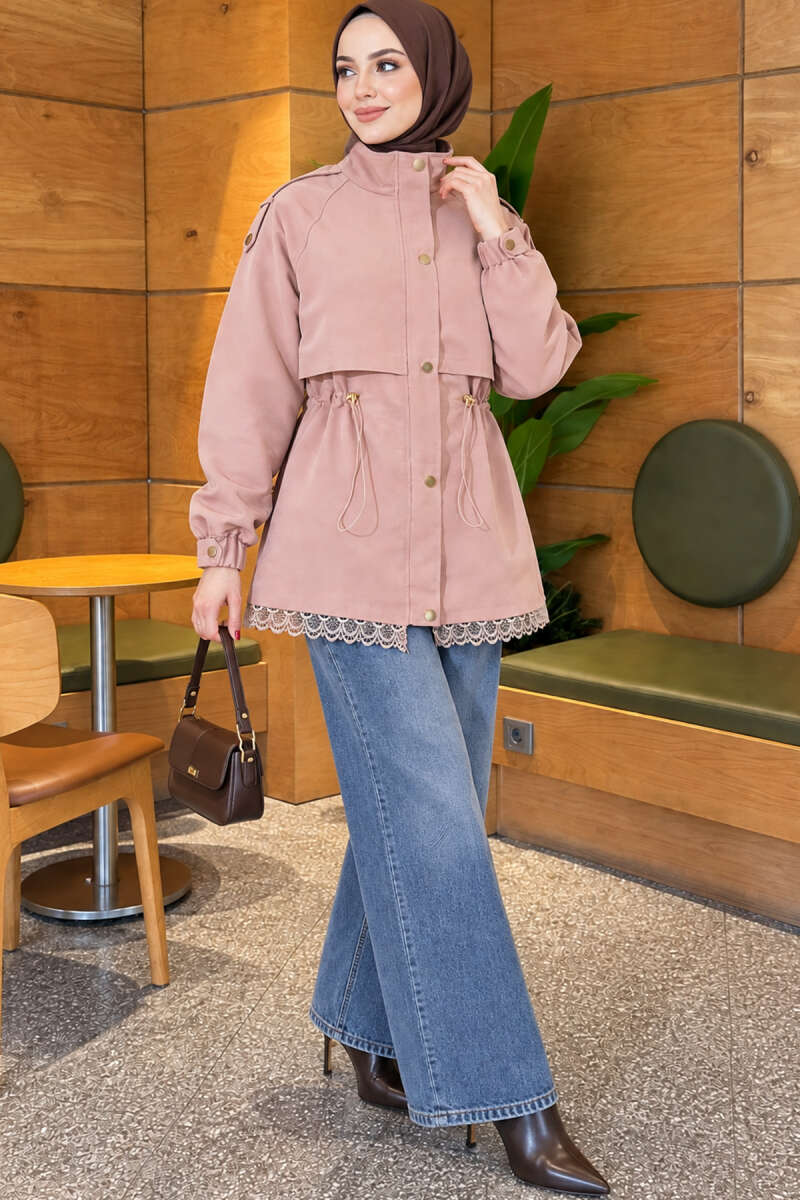 Zip-Up Trench Coat with Lace Detail - Powder