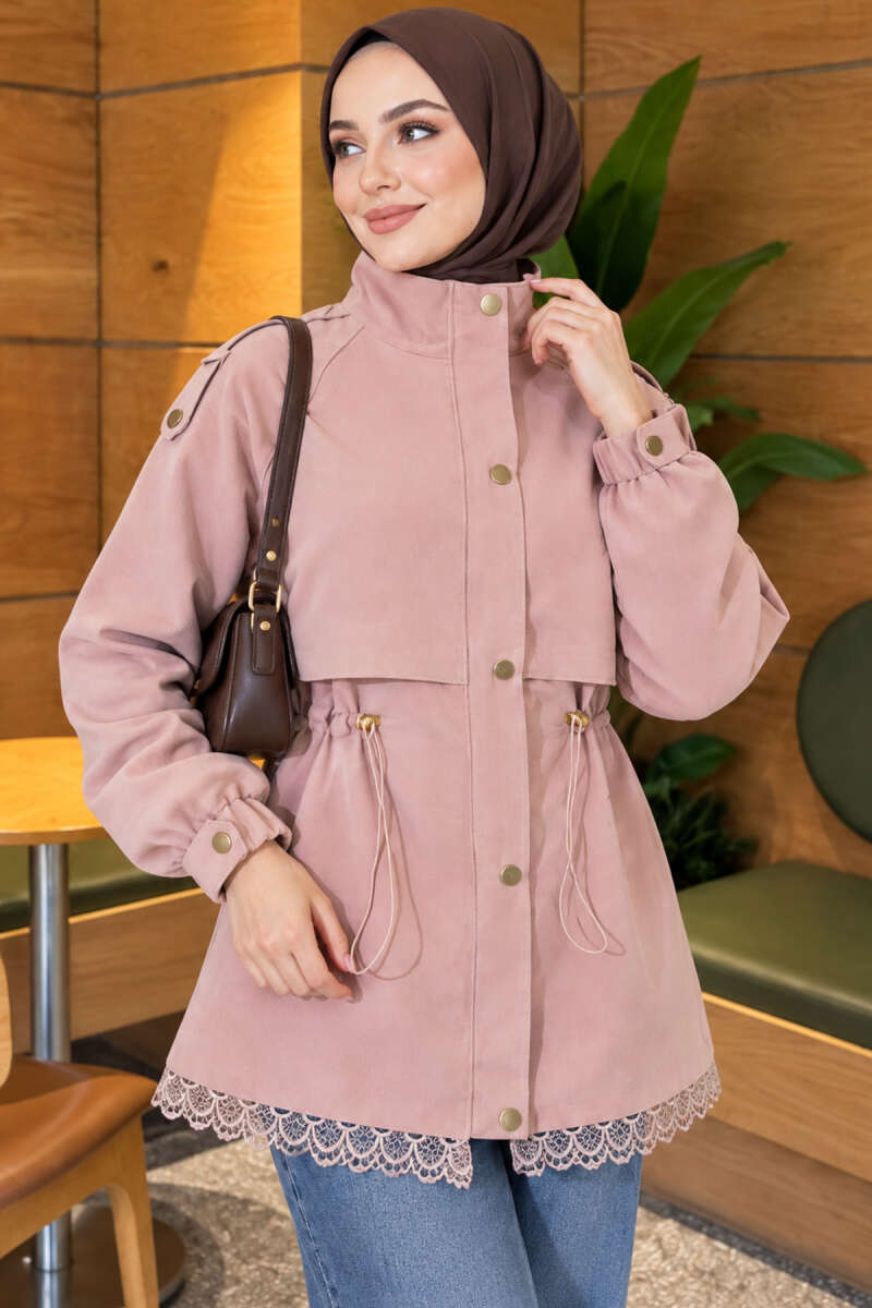 Zip-Up Trench Coat with Lace Detail - Powder