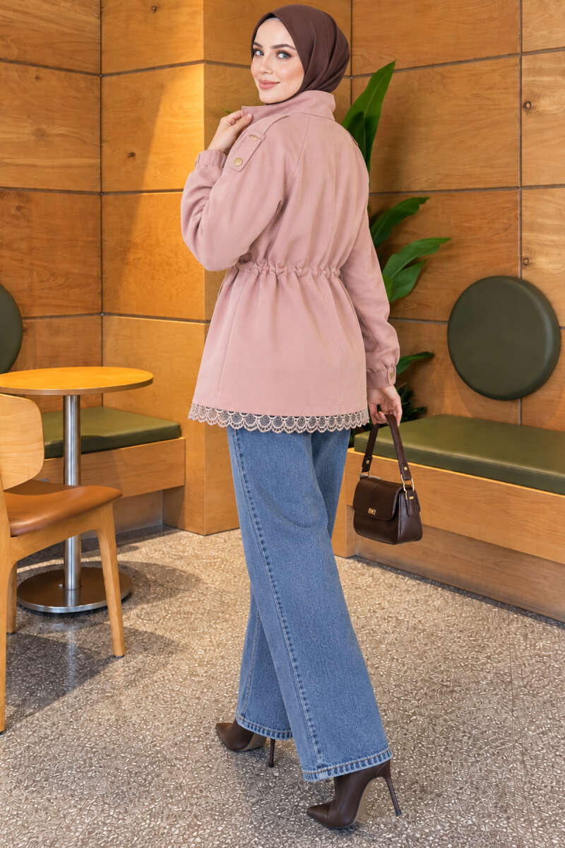 Zip-Up Trench Coat with Lace Detail - Powder