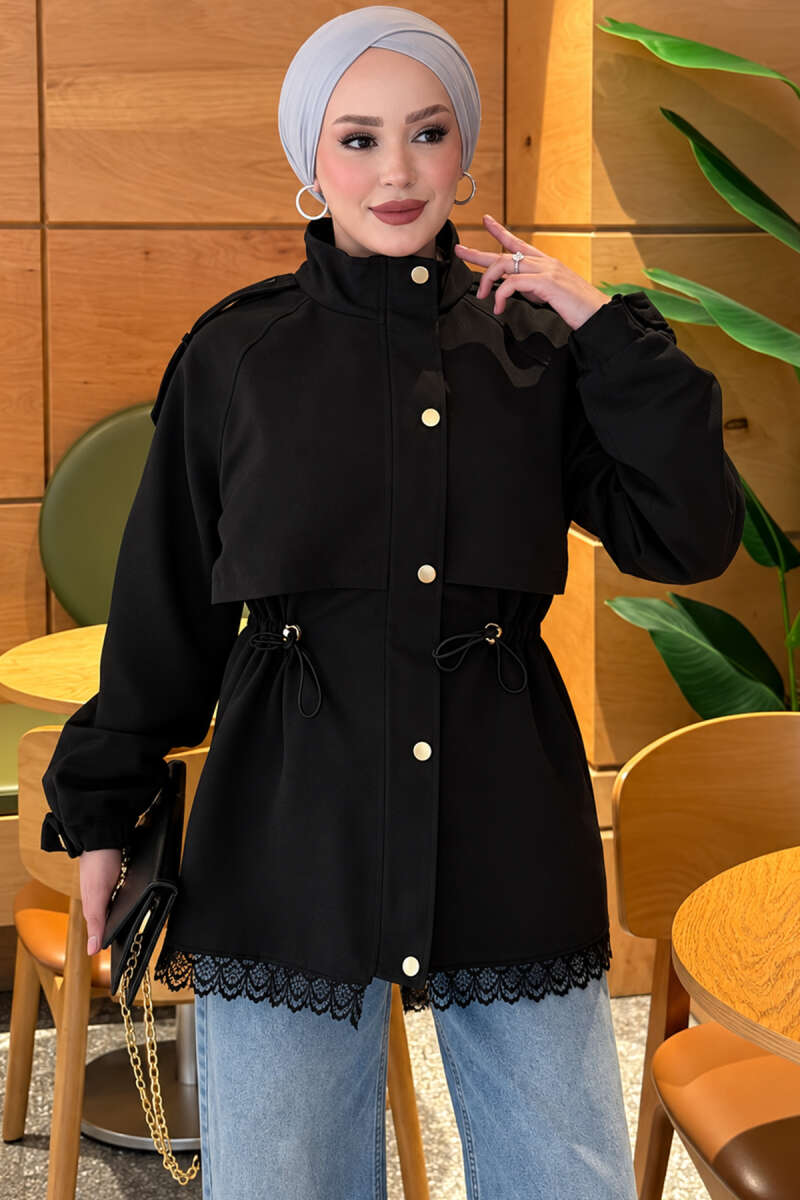 Zip-Up Trench Coat with Lace Detail - Black