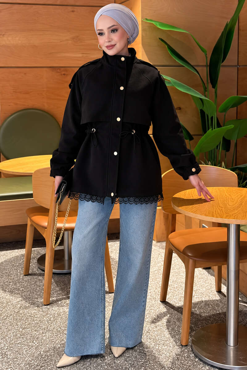 Zip-Up Trench Coat with Lace Detail - Black