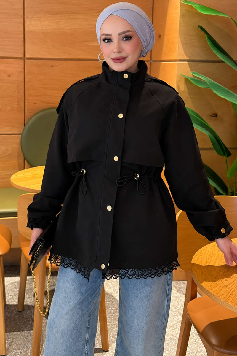 Zip-Up Trench Coat with Lace Detail - Black