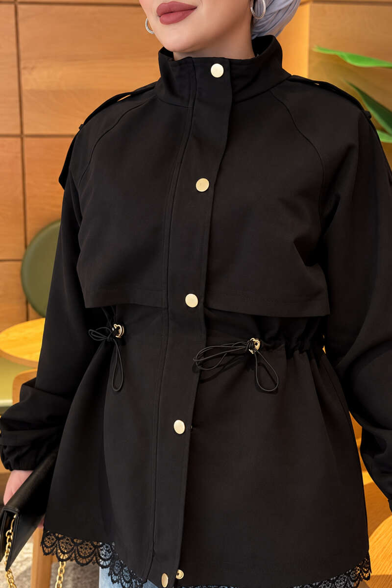 Zip-Up Trench Coat with Lace Detail - Black
