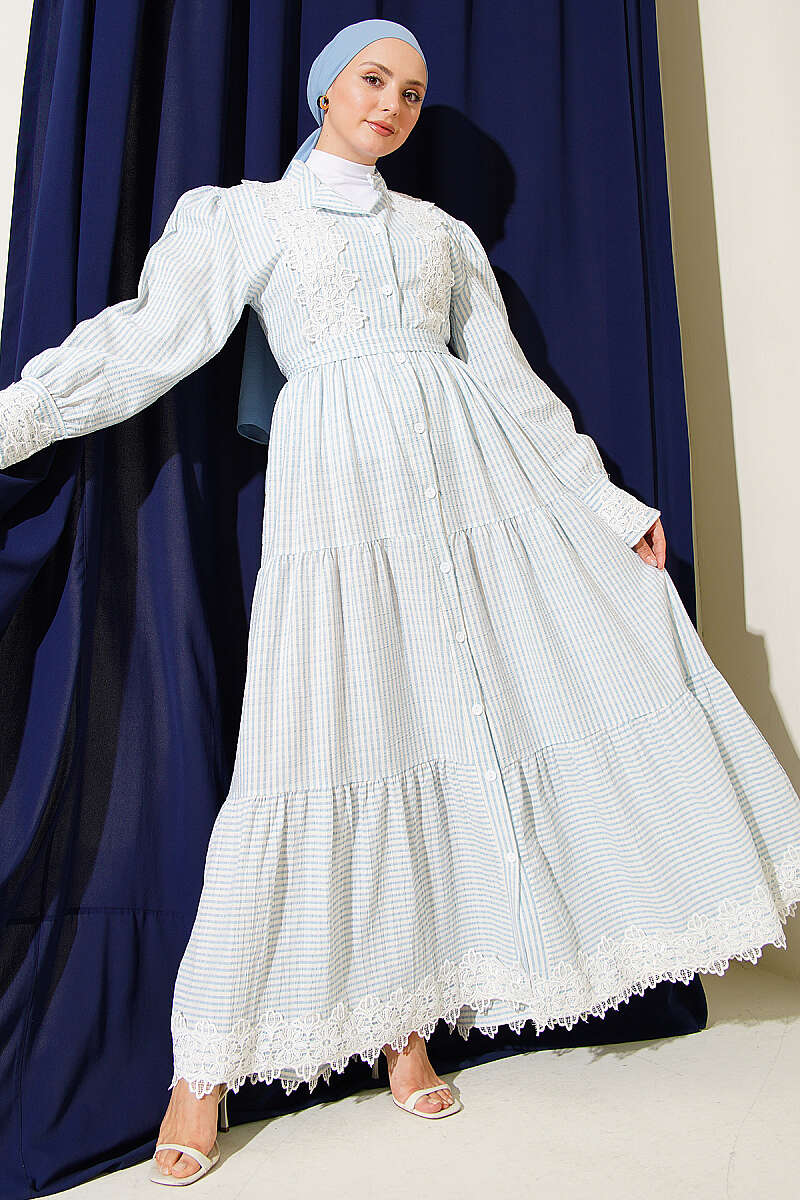 Lace Button Waffle Dress - Light Blue