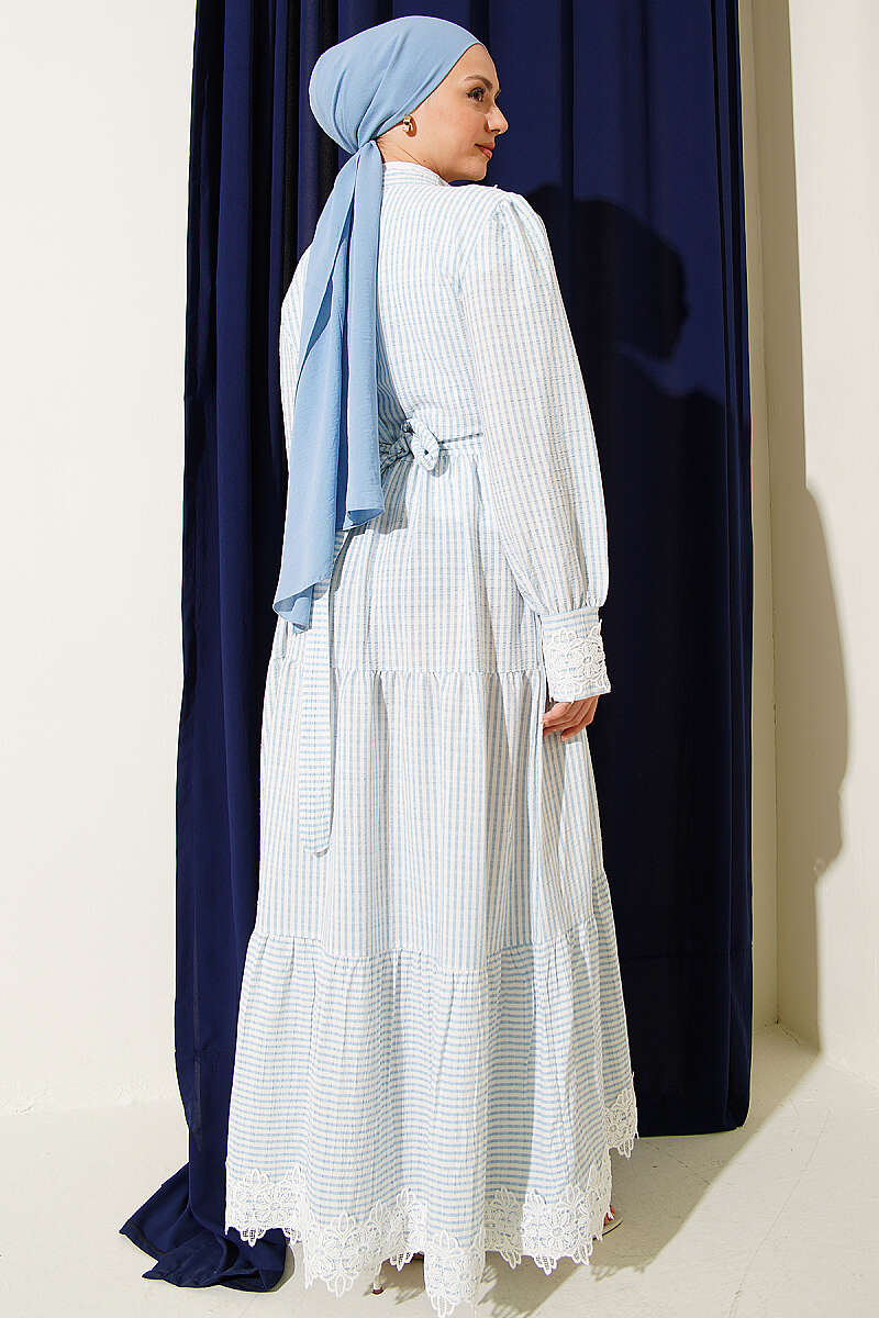 Lace Button Waffle Dress - Light Blue