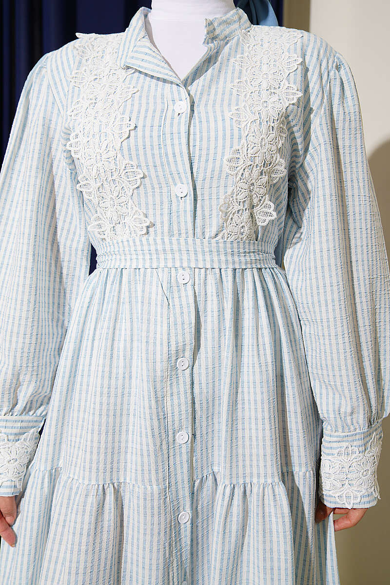 Lace Button Waffle Dress - Light Blue