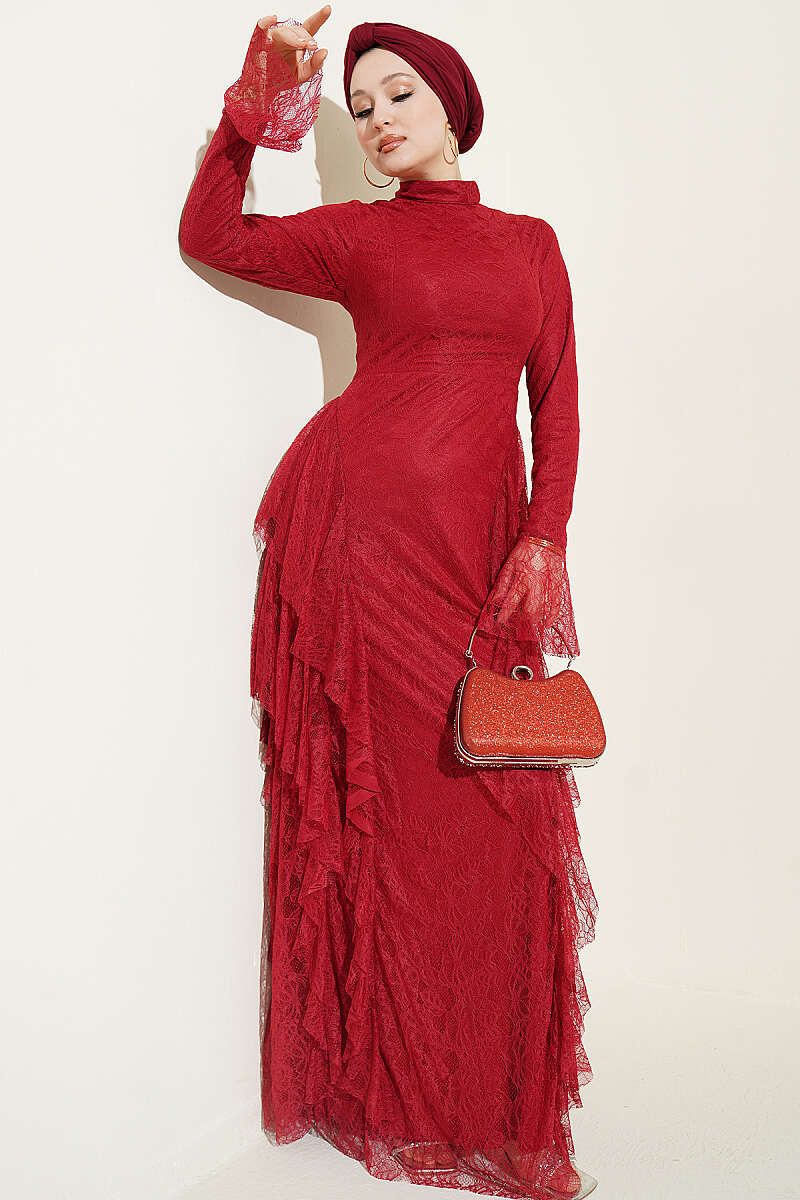 Lace Evening Dress with Ruffle Skirt - Burgundy
