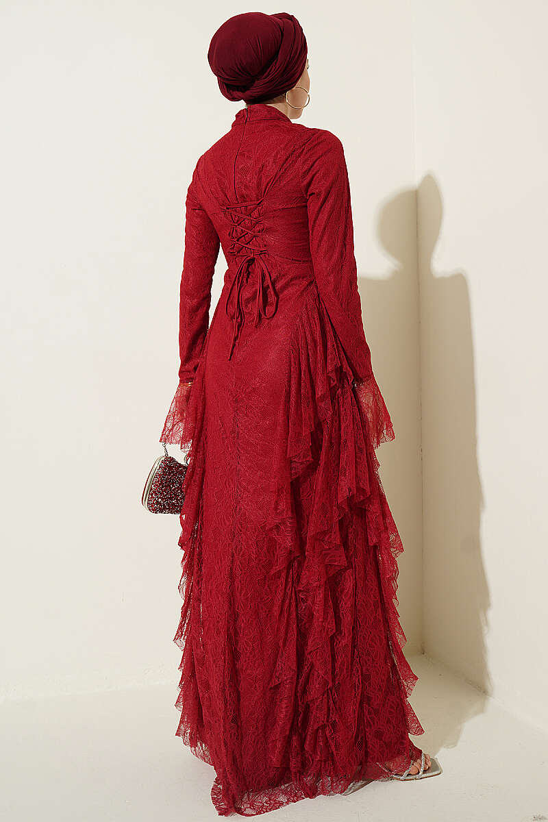 Lace Evening Dress with Ruffle Skirt - Burgundy