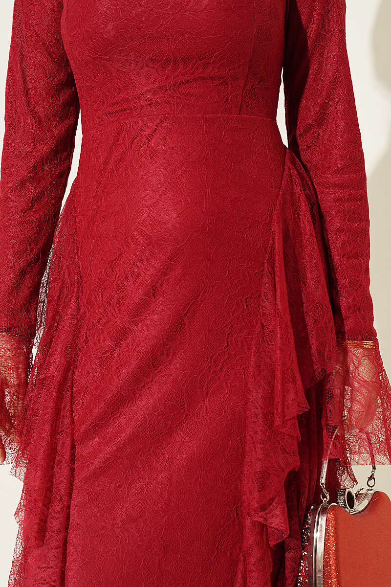 Lace Evening Dress with Ruffle Skirt - Burgundy