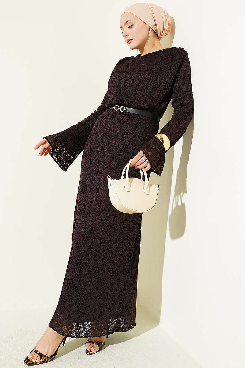 Belted Lace Dress - Brown