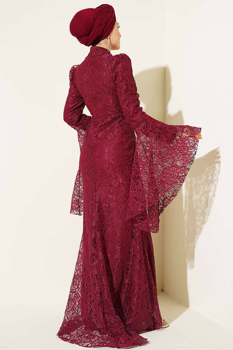Mermaid Evening Dress with Lace Flounce Sleeves - Burgundy
