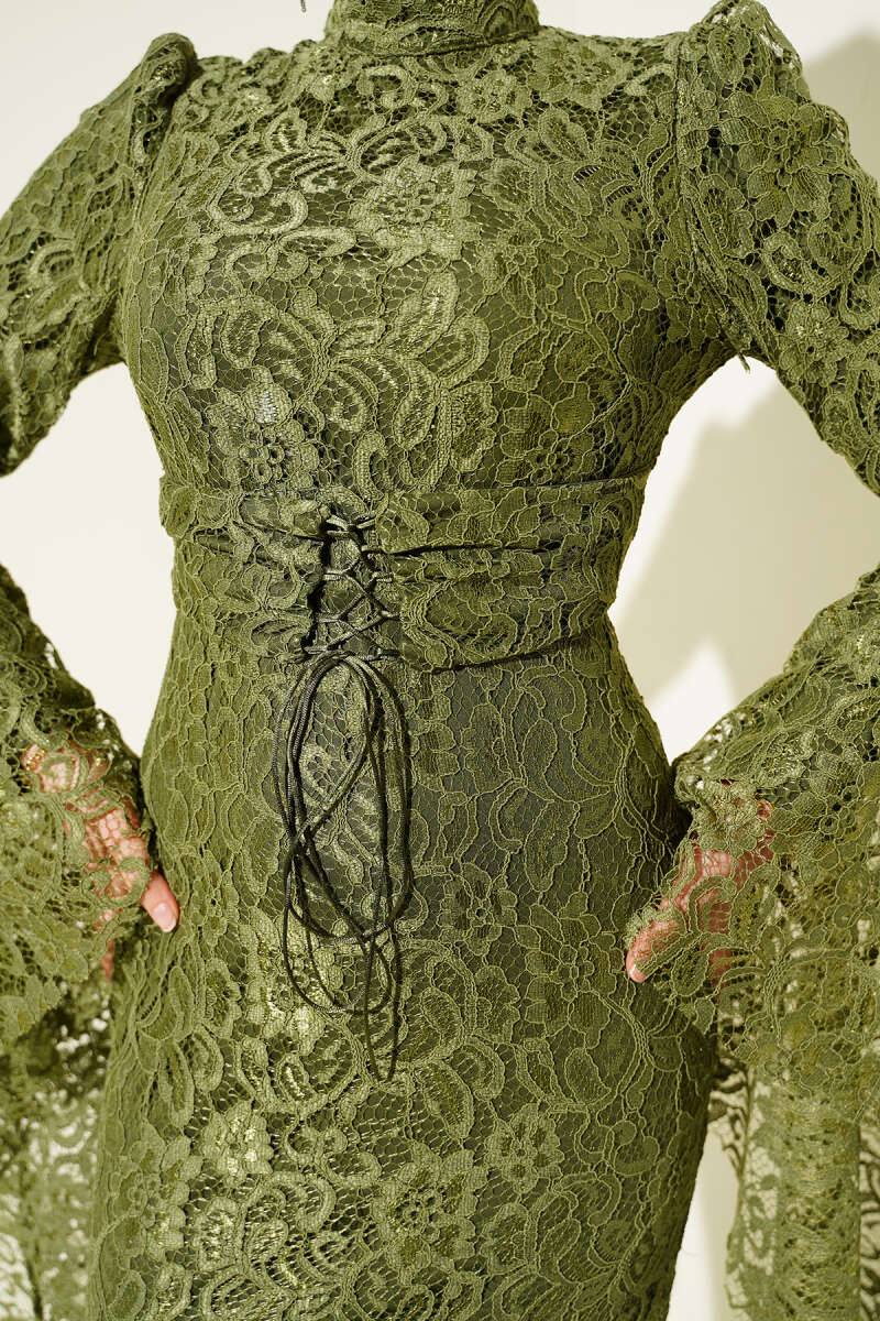 Mermaid Evening Dress with Lace Flounce Sleeves - Khaki