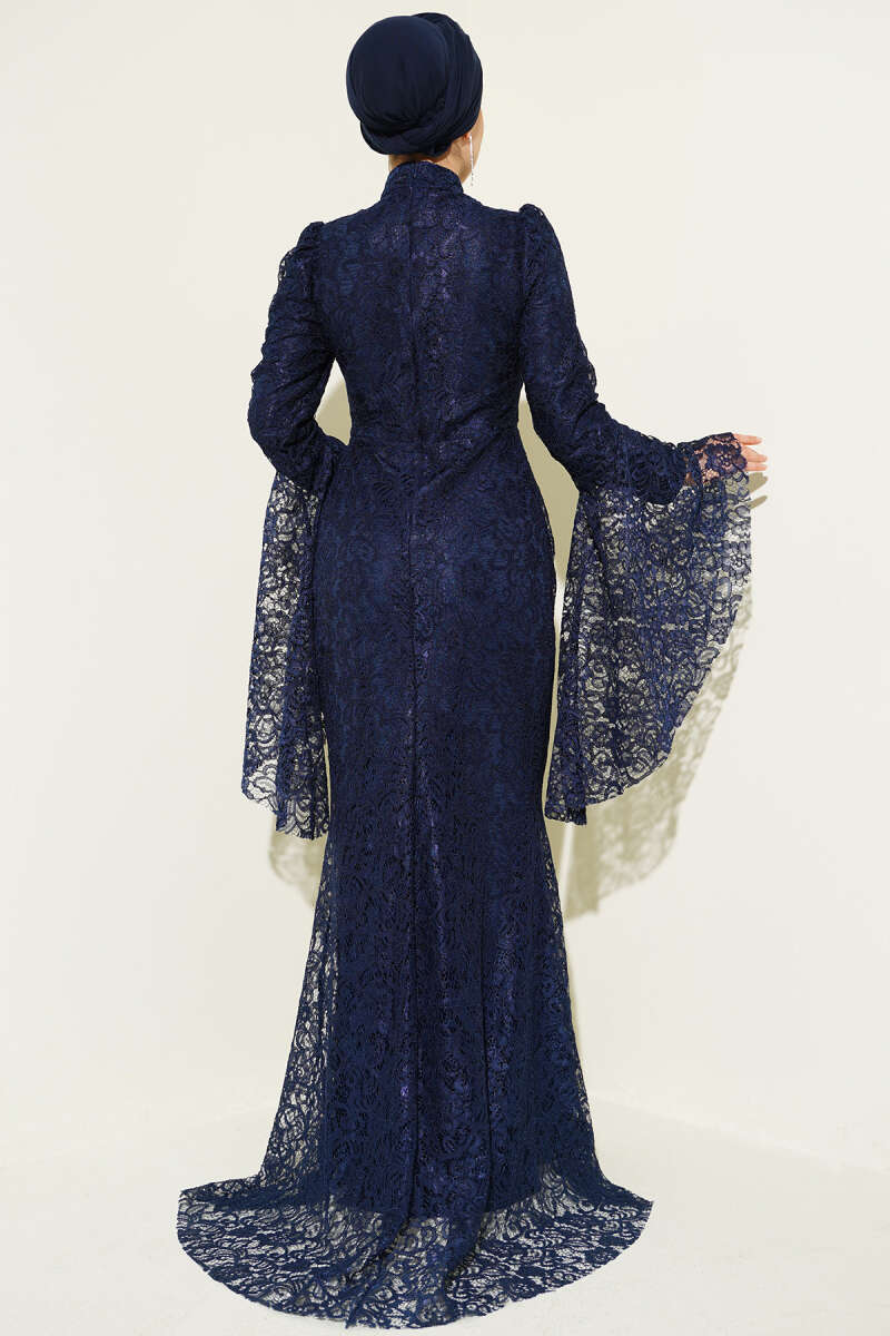 Mermaid Evening Dress with Lace Flounce Sleeves - Navy