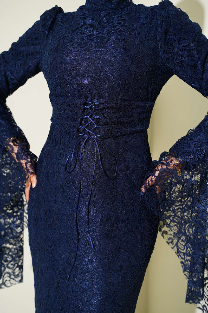 Mermaid Evening Dress with Lace Flounce Sleeves - Navy