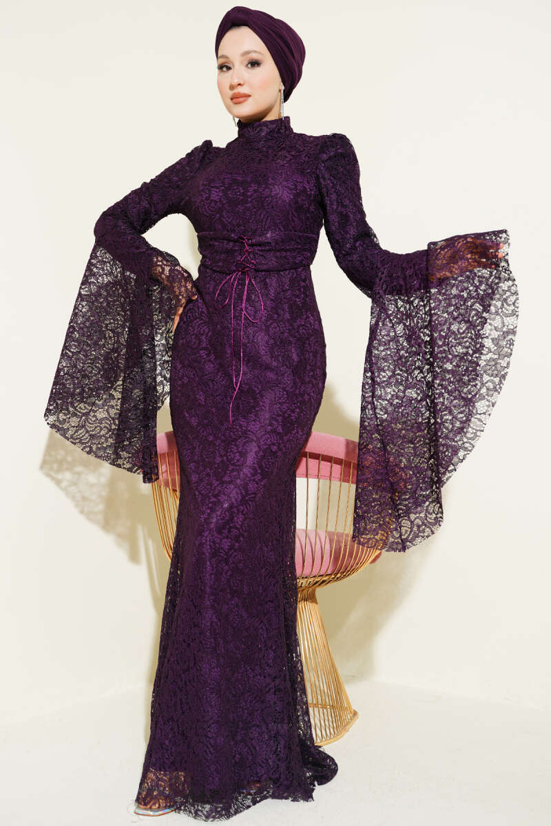 Mermaid Evening Dress with Lace Flounce Sleeves - Plum