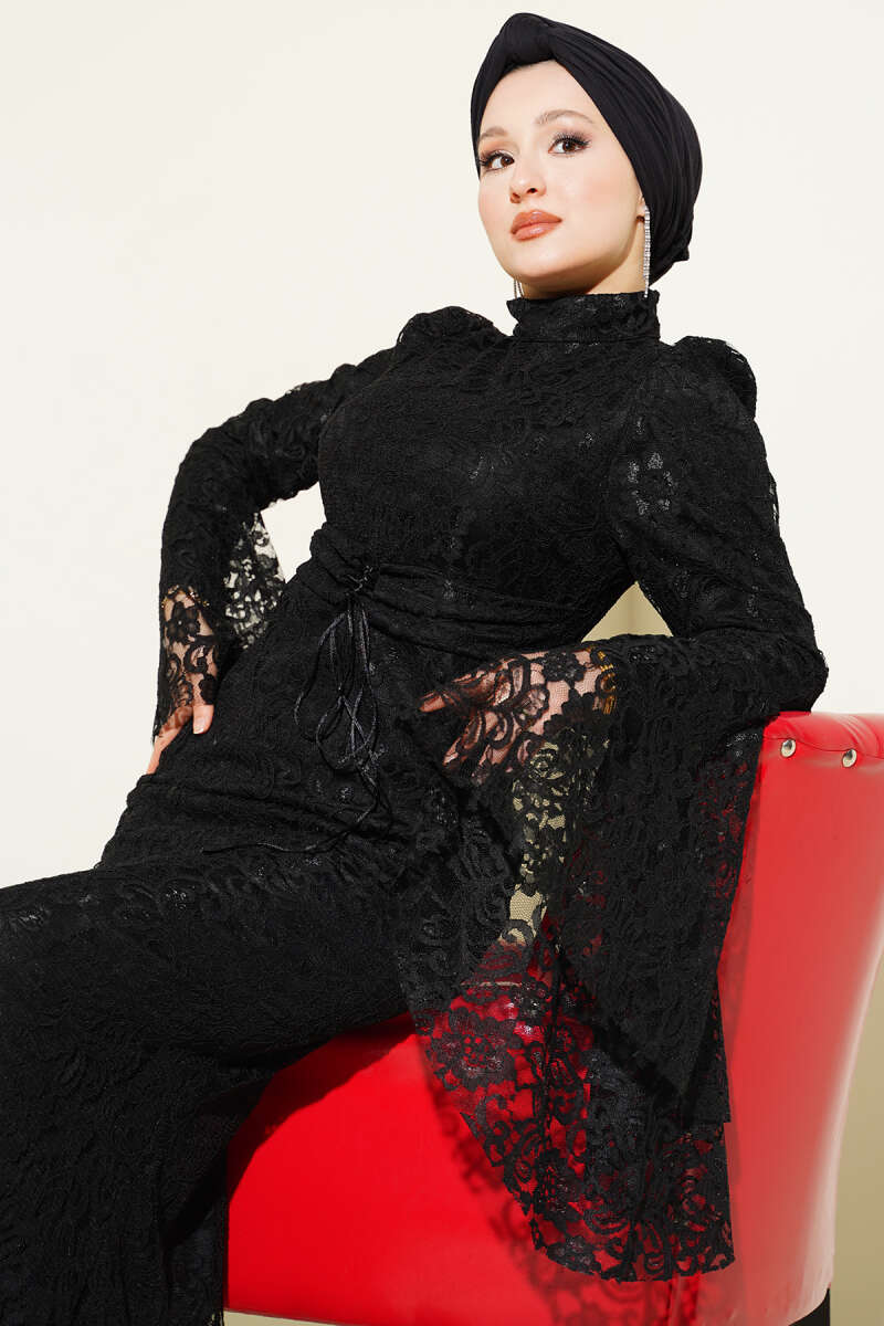 Mermaid Evening Dress with Lace Flounce Sleeves - Black