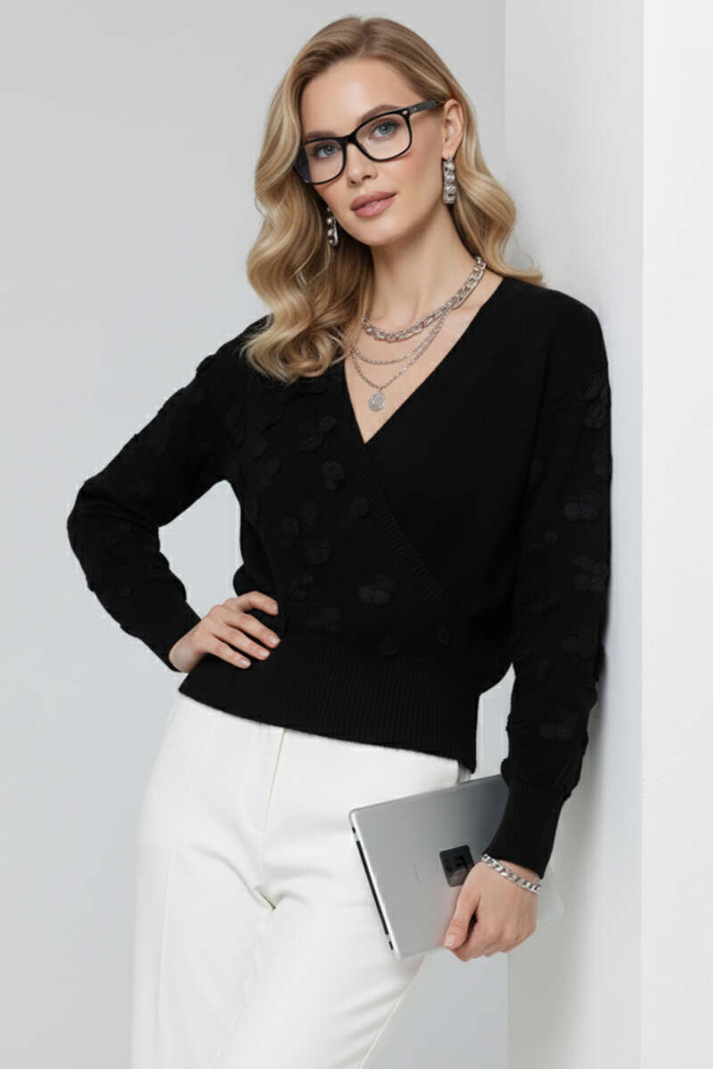 Lace Wrap-Neck Sweater - Black