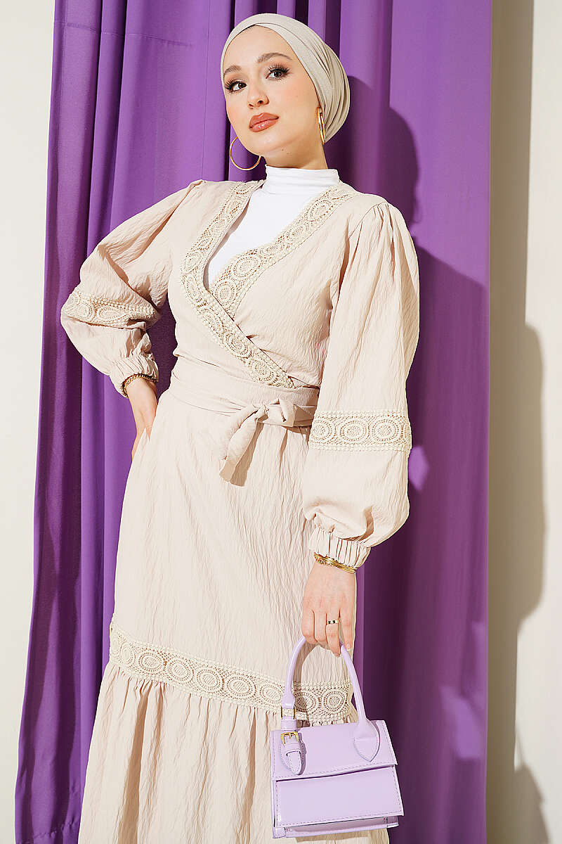 Lace Two-Piece Set with Tie Front - Beige