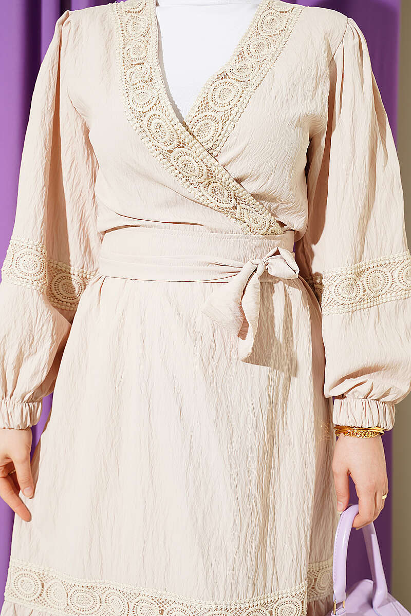 Lace Two-Piece Set with Tie Front - Beige