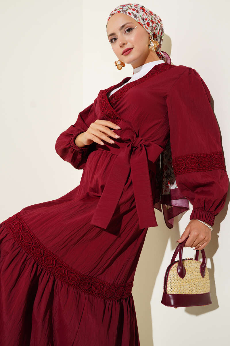 Lace Two-Piece Set with Tie Front - Burgundy