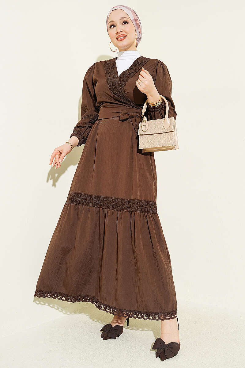 Lace Two-Piece Set with Tie Front - Brown