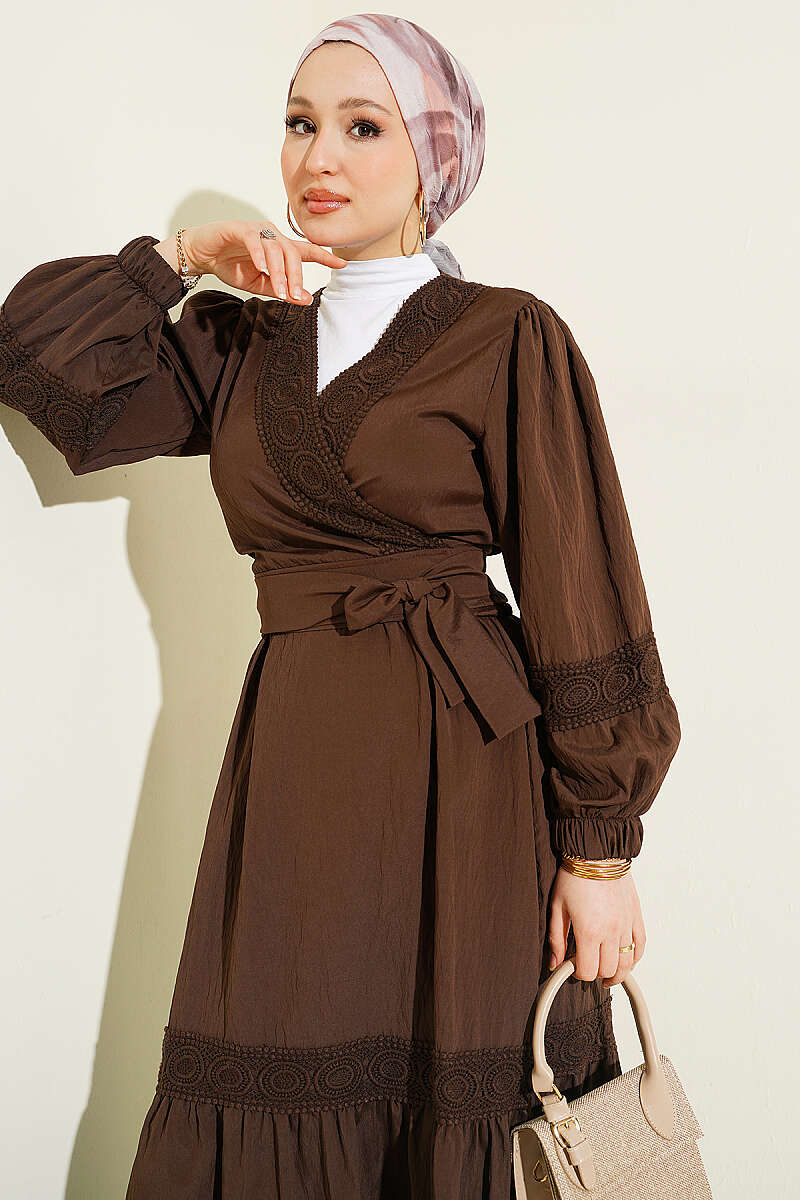 Lace Two-Piece Set with Tie Front - Brown