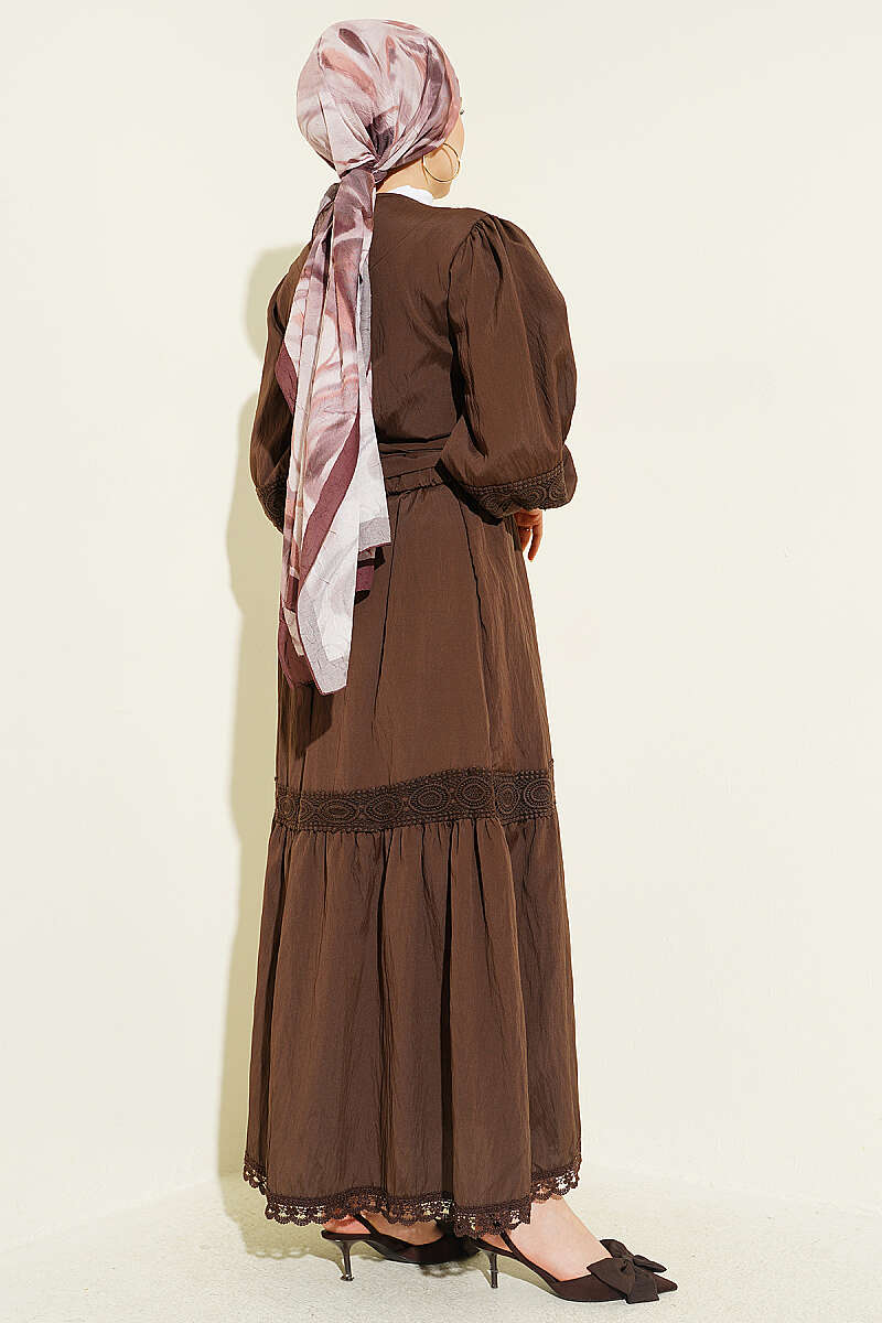 Lace Two-Piece Set with Tie Front - Brown