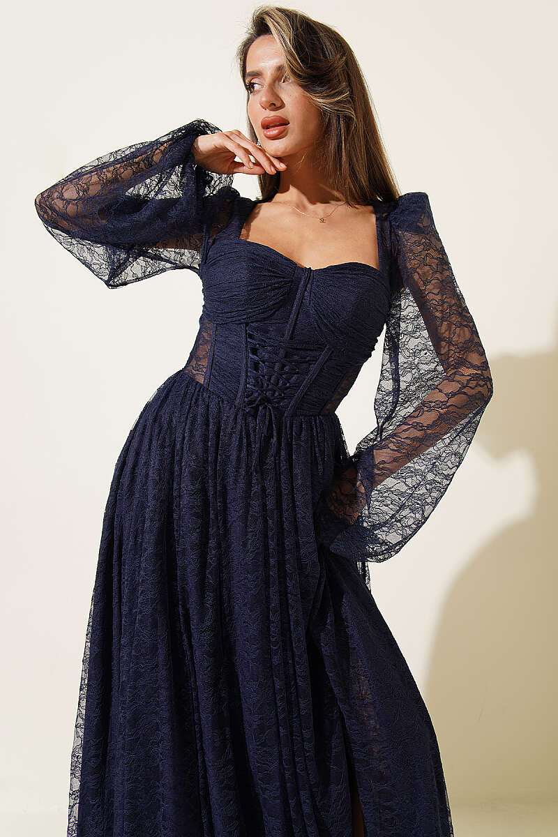 Lace Corset Evening Dress with Slit - Navy