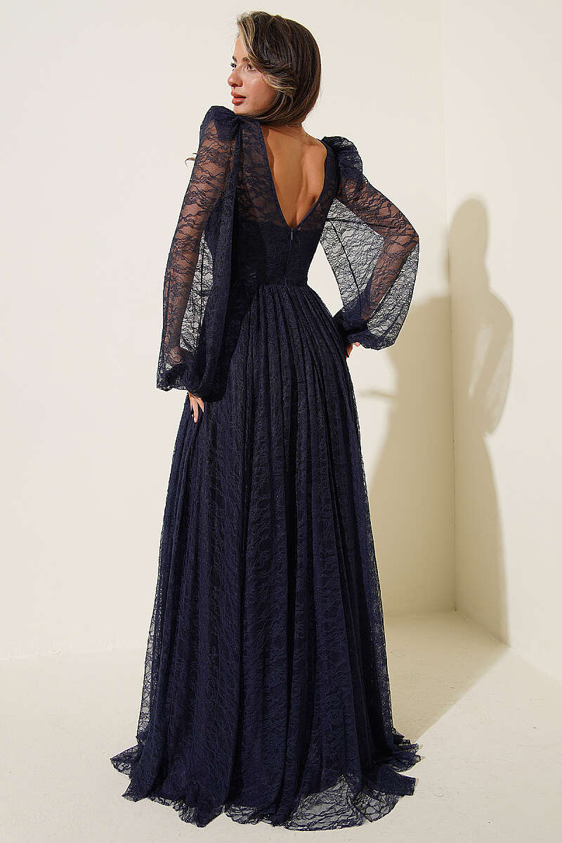 Lace Corset Evening Dress with Slit - Navy