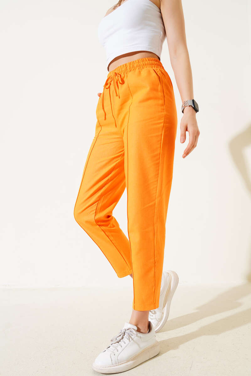 Slim-Leg Pants with Stitching and Elastic Waist - Orange
