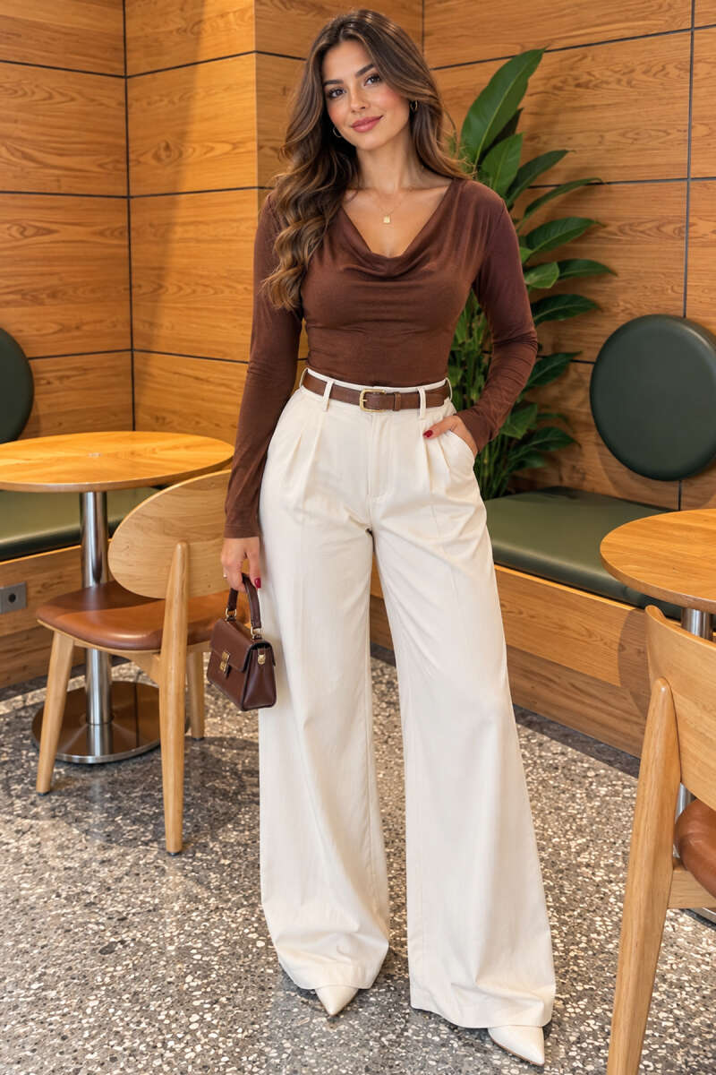 Cowl-Neck Detail Blouse - Brown