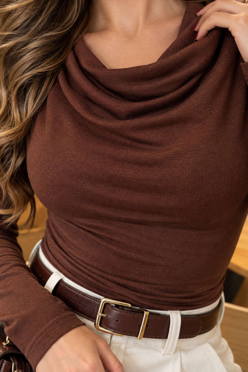 Cowl-Neck Detail Blouse - Brown
