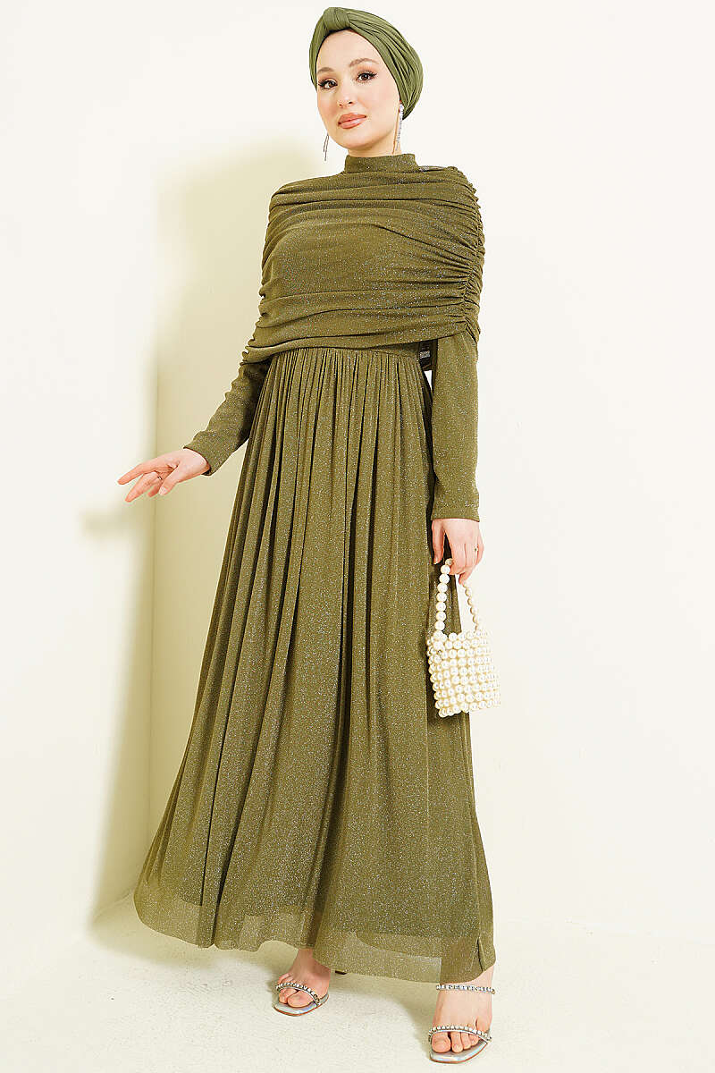 Glitter Evening Dress with Cowl-Neck Look - Khaki