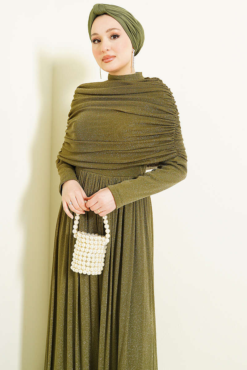 Glitter Evening Dress with Cowl-Neck Look - Khaki