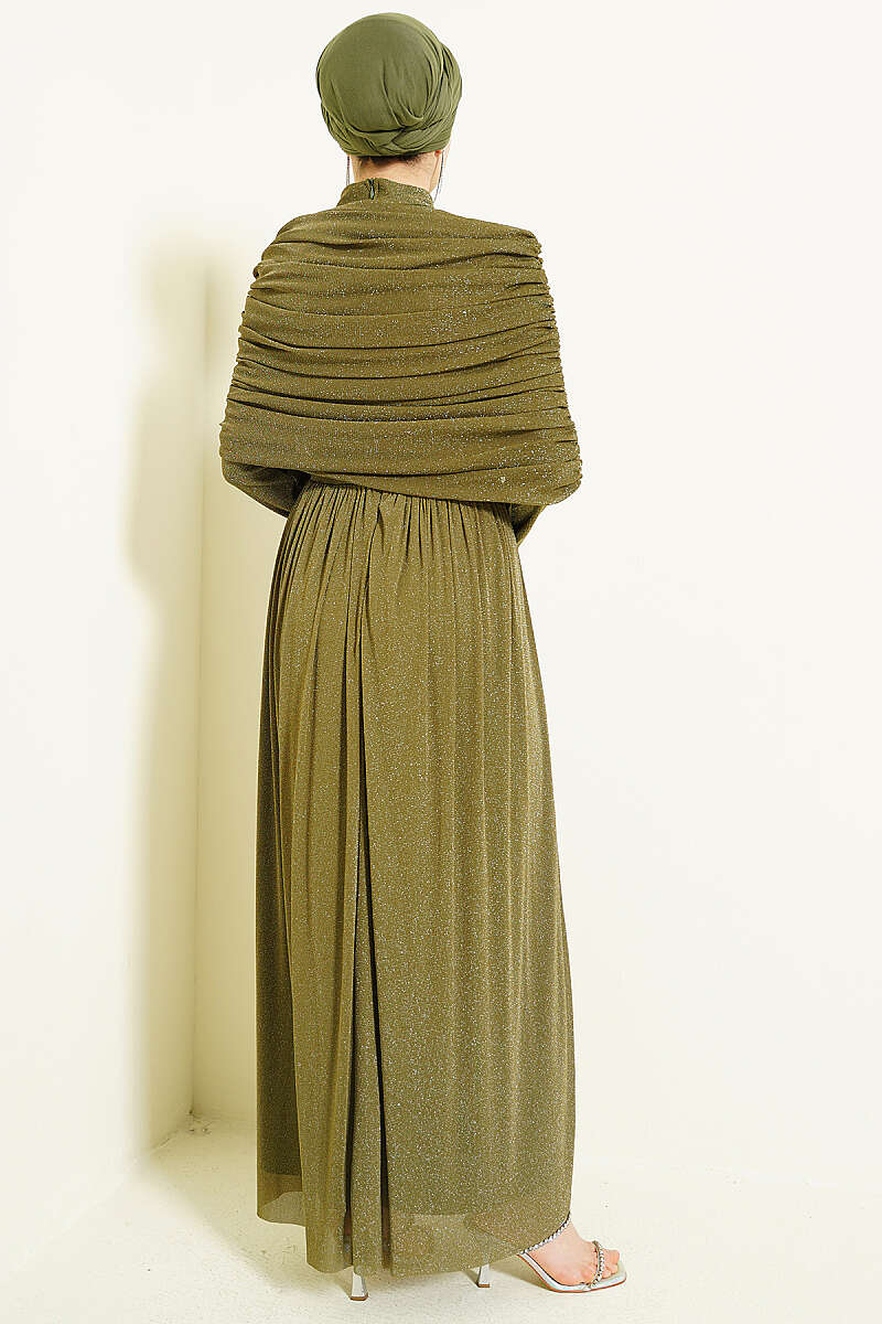 Glitter Evening Dress with Cowl-Neck Look - Khaki