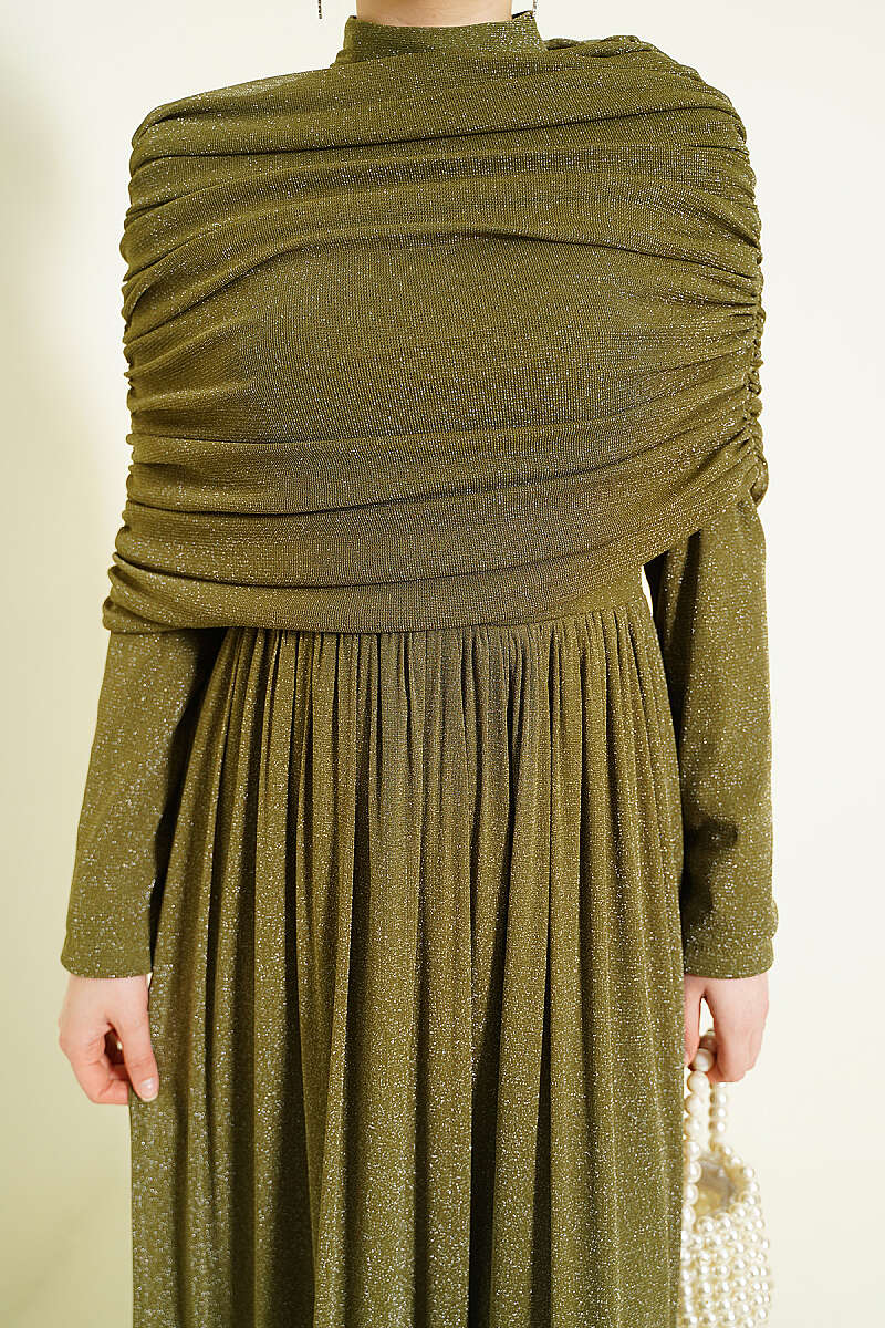 Glitter Evening Dress with Cowl-Neck Look - Khaki