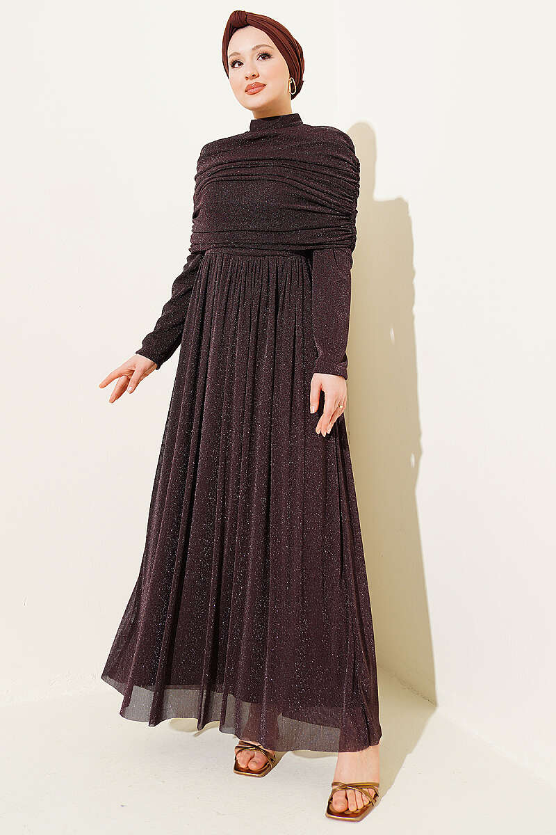 Glitter Evening Dress with Cowl-Neck Look - Brown