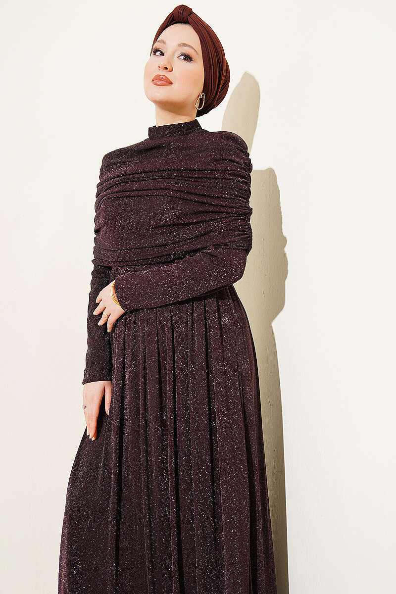 Glitter Evening Dress with Cowl-Neck Look - Brown