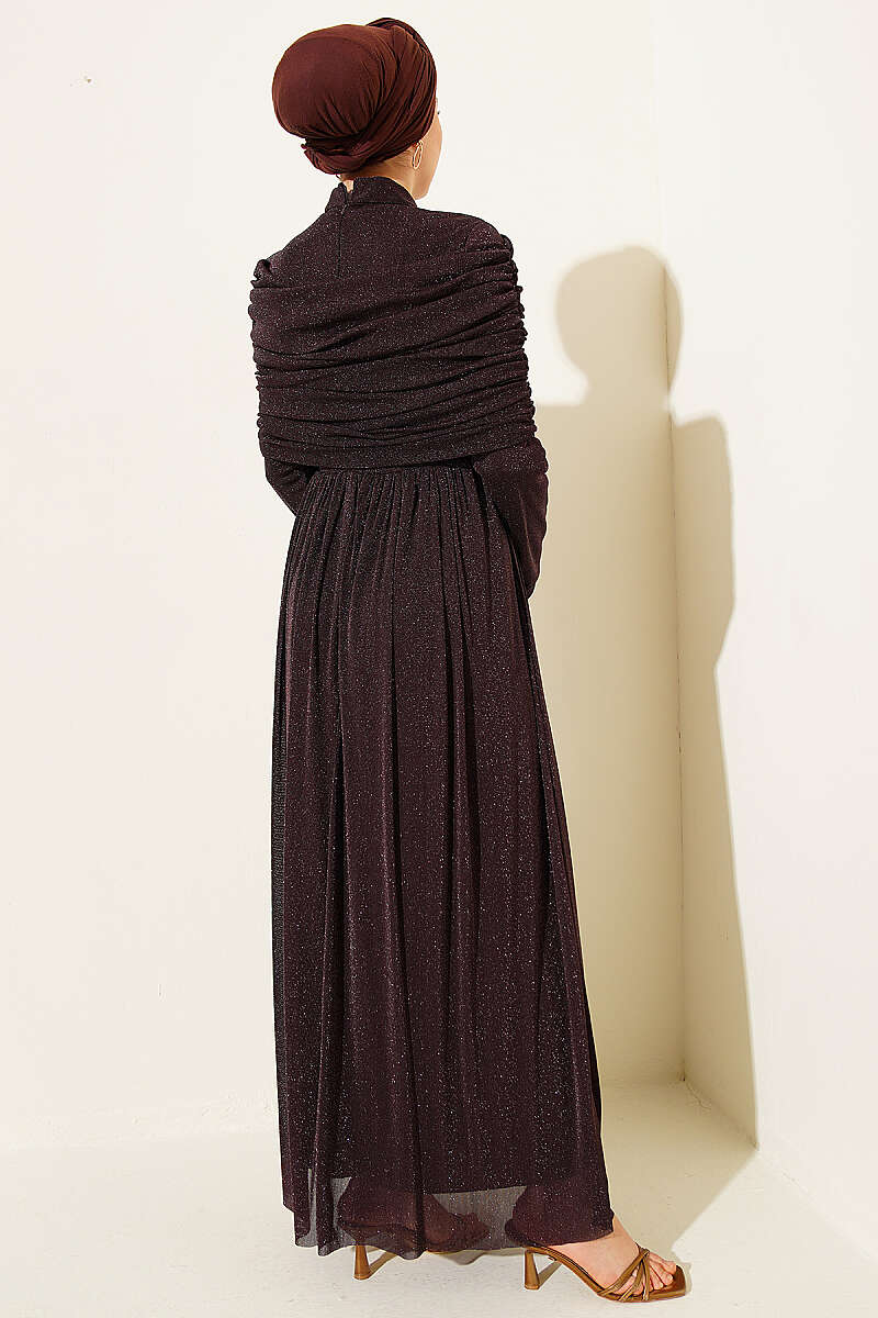 Glitter Evening Dress with Cowl-Neck Look - Brown