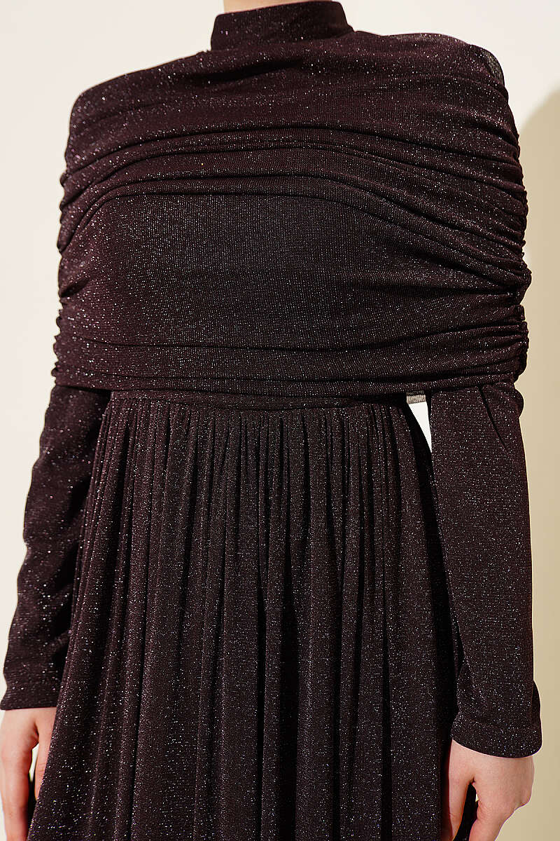 Glitter Evening Dress with Cowl-Neck Look - Brown