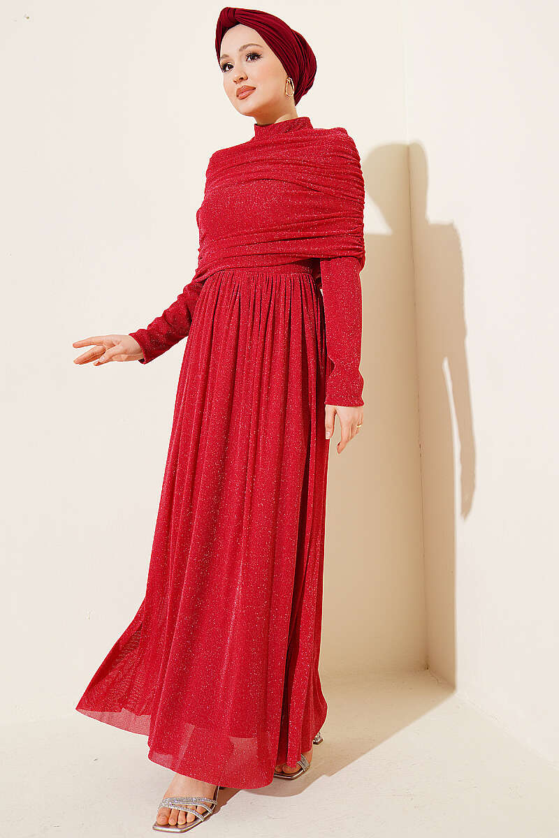 Glitter Evening Dress with Cowl-Neck Look - Red
