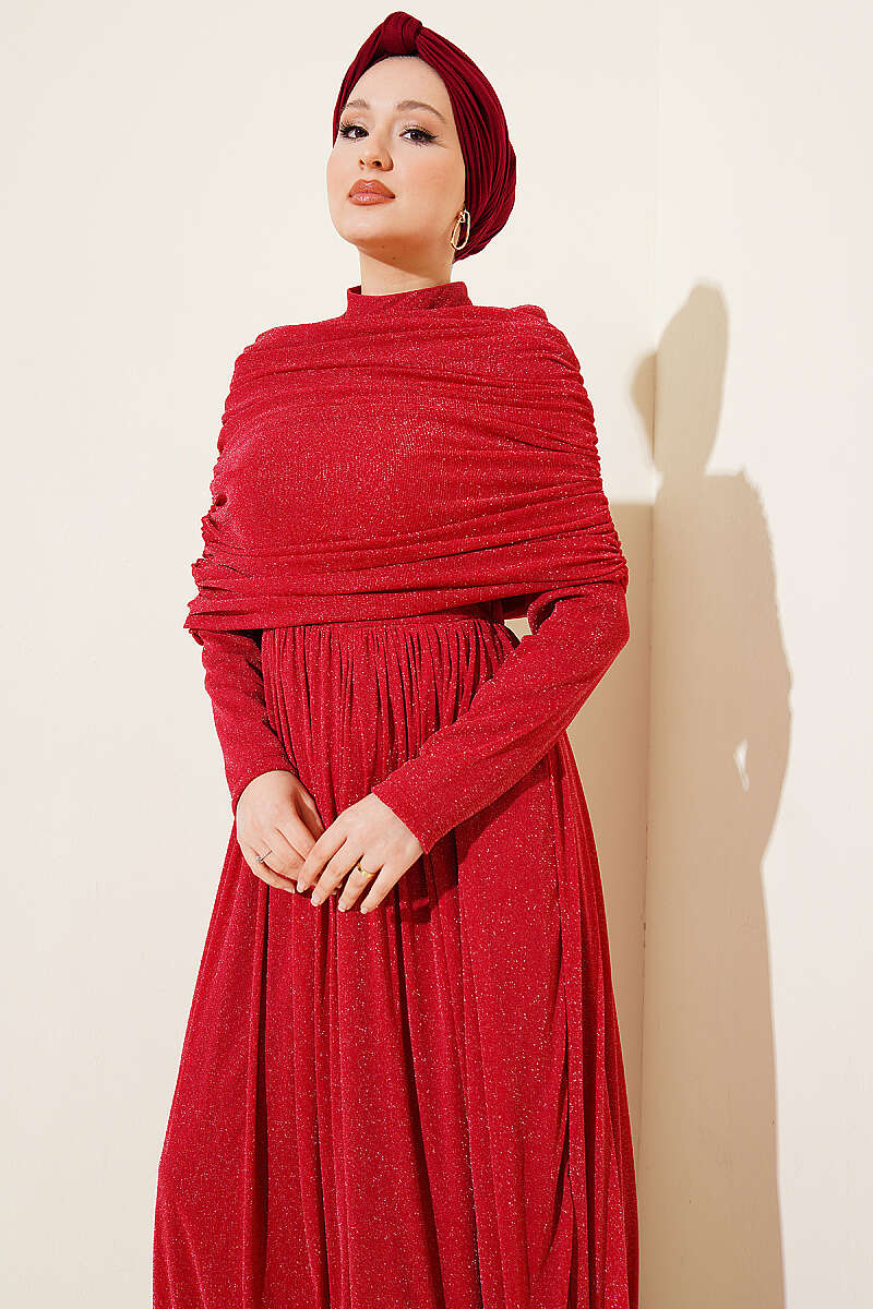 Glitter Evening Dress with Cowl-Neck Look - Red