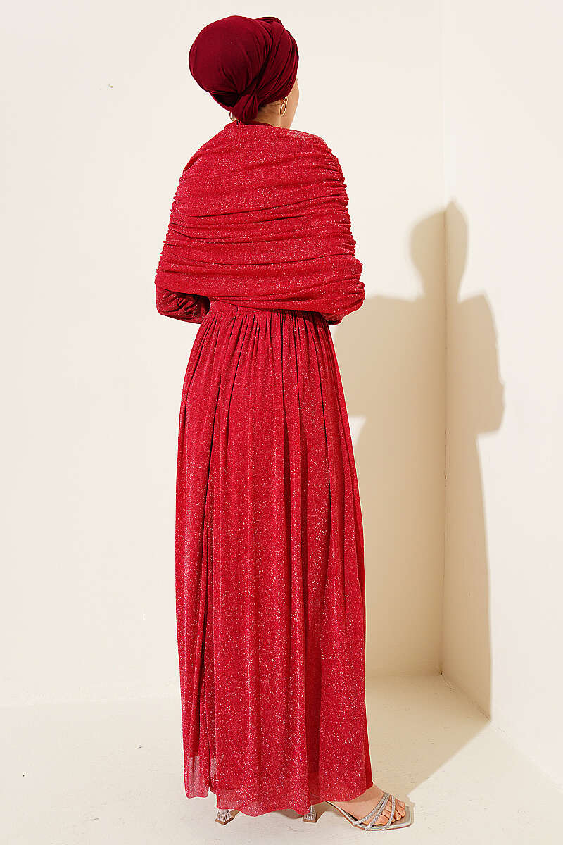 Glitter Evening Dress with Cowl-Neck Look - Red