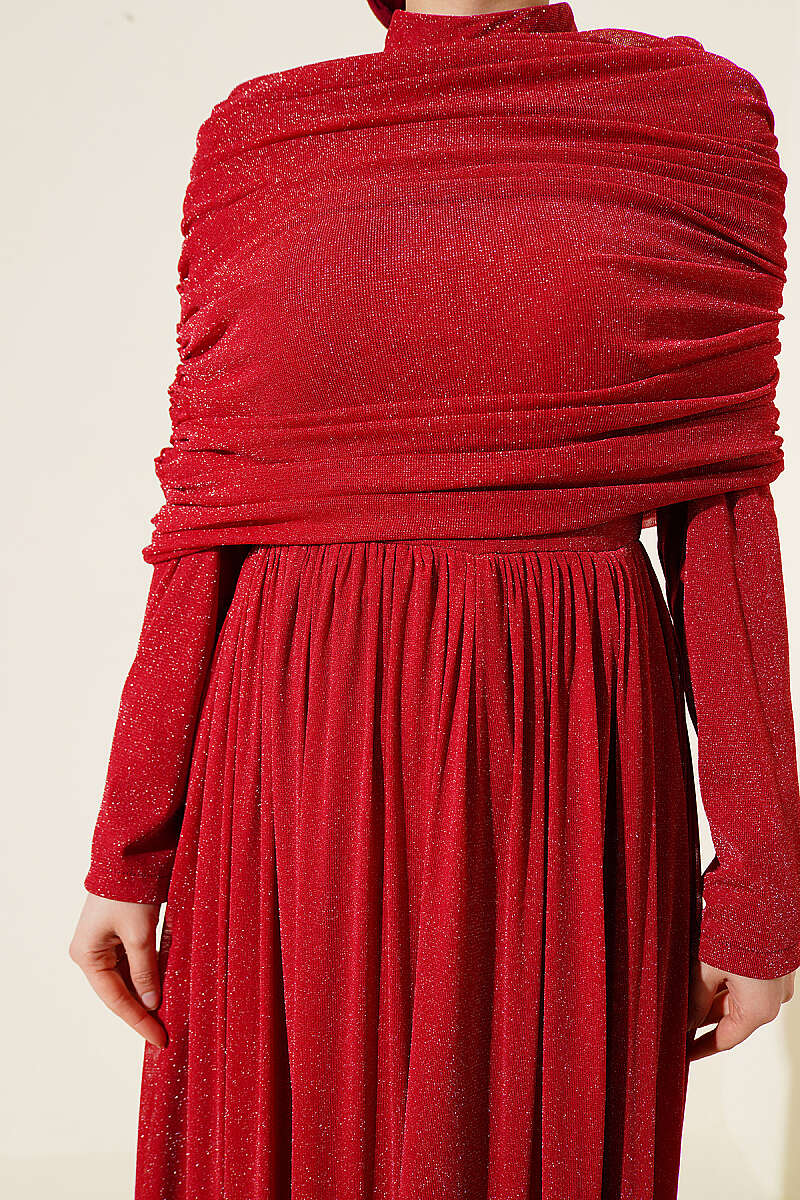 Glitter Evening Dress with Cowl-Neck Look - Red