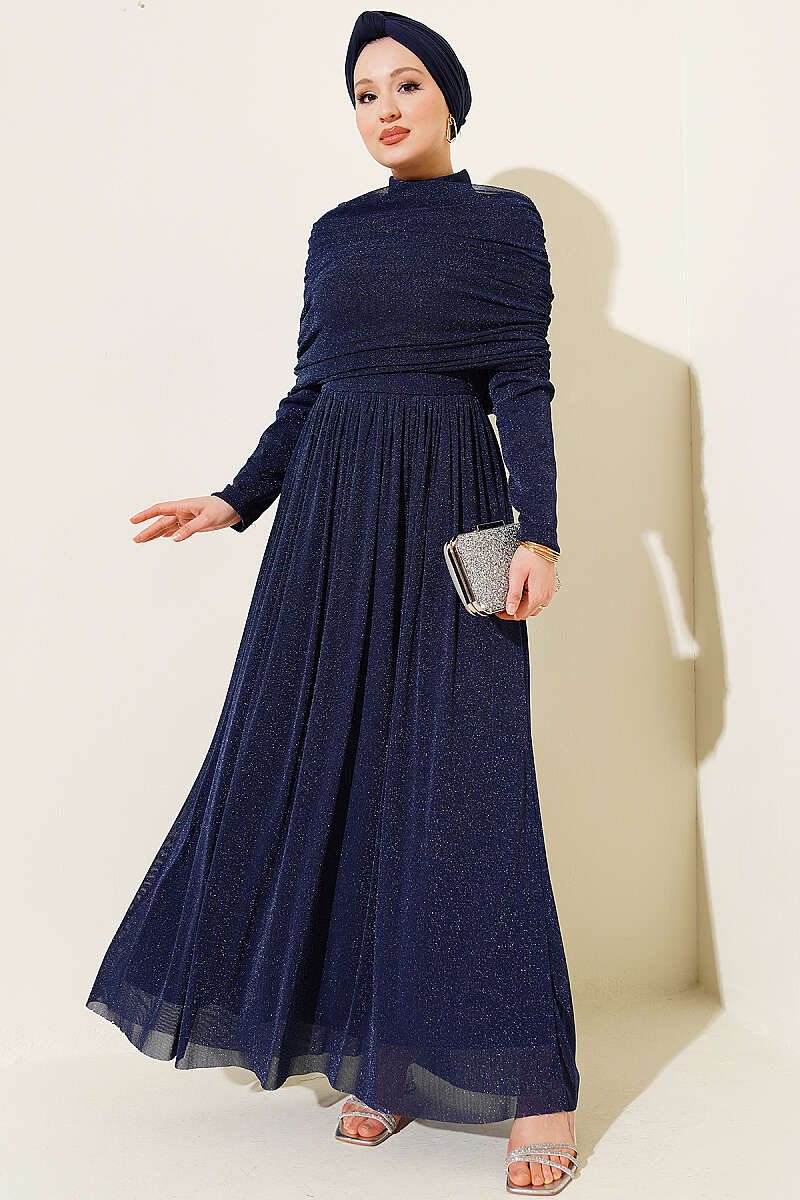 Glitter Evening Dress with Cowl-Neck Look - Navy