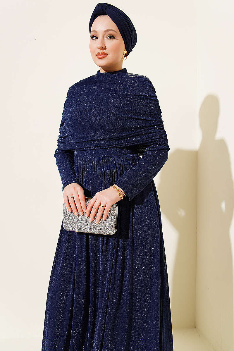 Glitter Evening Dress with Cowl-Neck Look - Navy